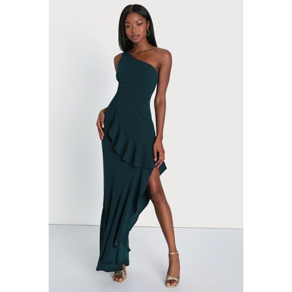NWT Lulus Dramatic Persona Emerald Green One-shoulder Maxi Dress - Size L